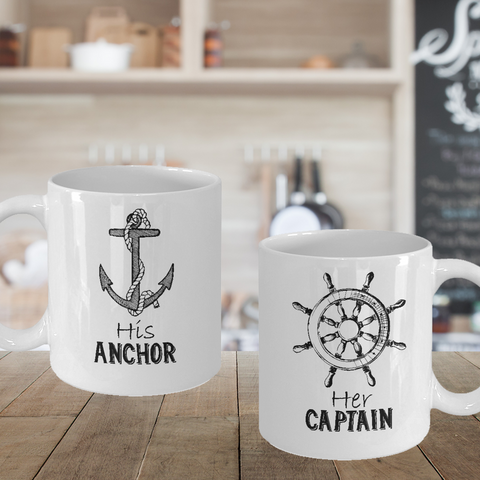 Couple Matching Mugs Set Her Captain His Anchor Cruise Gift