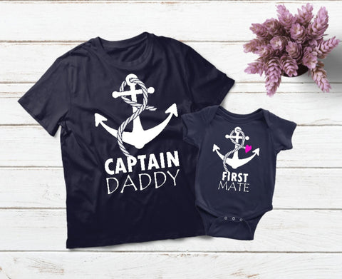 Daddy Daughter Matching Shirts Captain First Mate-Navy