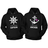 Couples Hoodies Her Captain His Anchor-Nautical Gift-Black