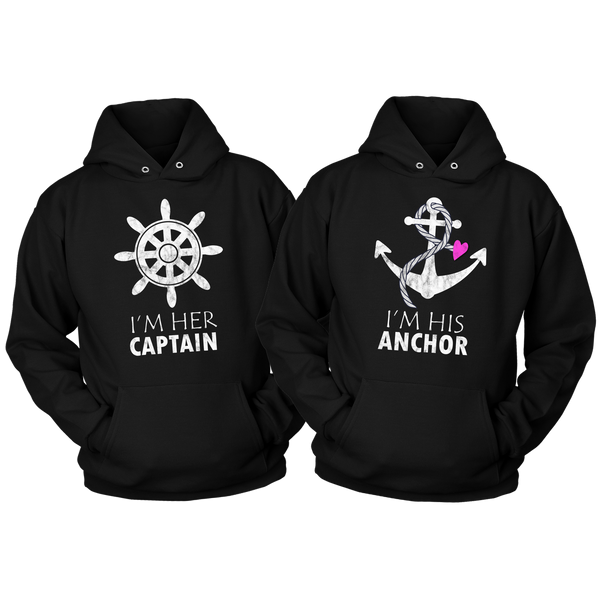 Couples Hoodies Her Captain His Anchor-Nautical Gift-Black